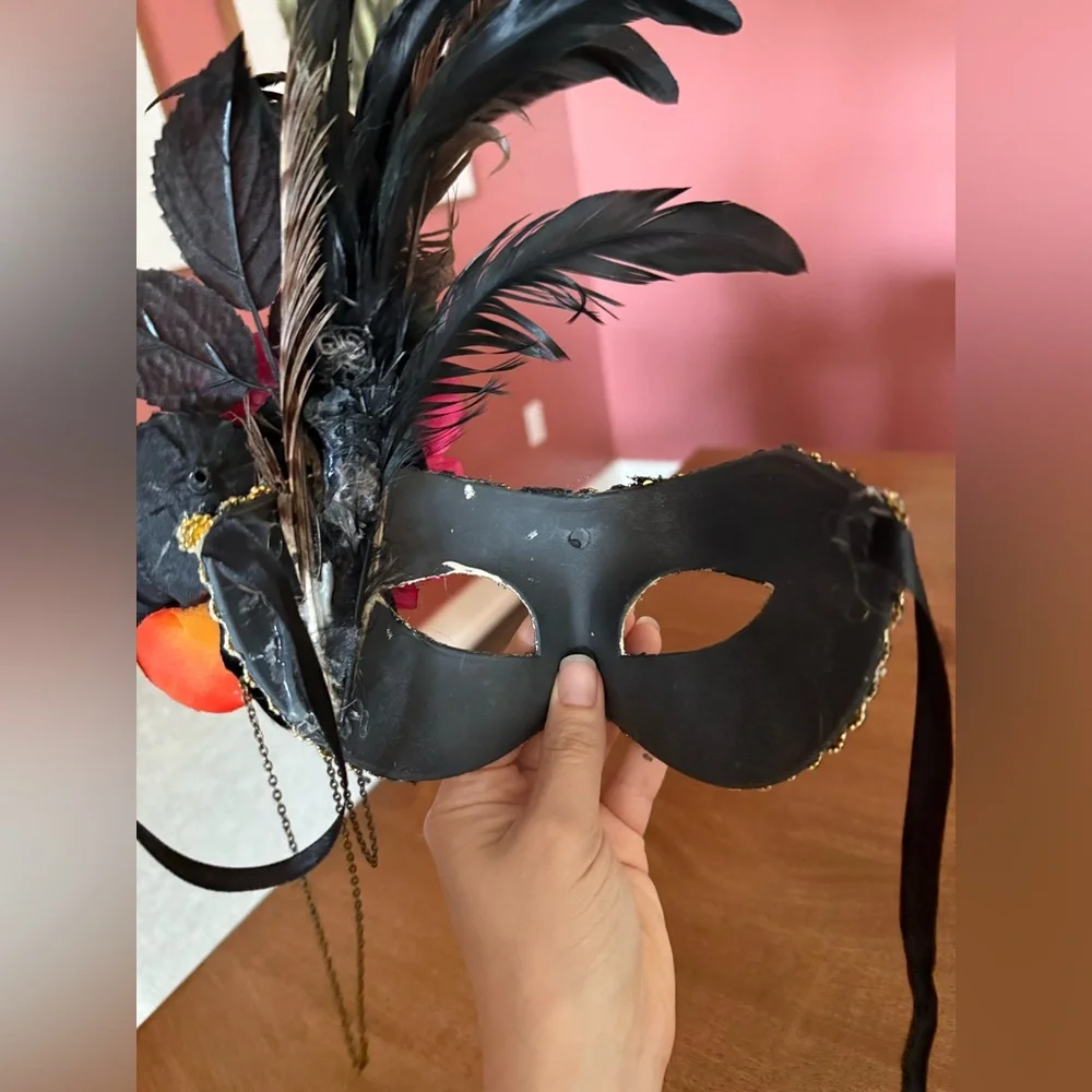 Masquerade Mask Pink Orange Flowers and Feathers